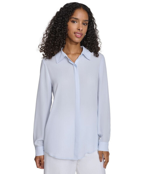 Women's Solid Covered-Placket Long-Sleeve Blouse