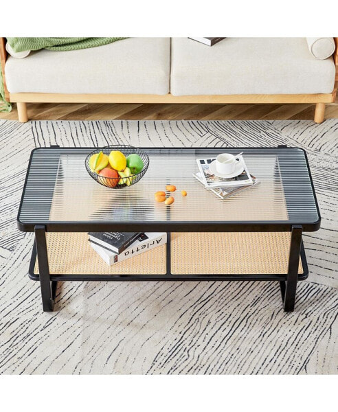 Rectangular Double Layer Black Wood Coffee Table with Chinese Style Side Table