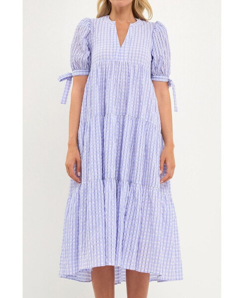 Women's Gingham Tiered Midi Dress with Bow Tie Sleeves