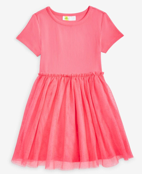 Toddler Girls Short-Sleeve Ribbed Glitter-Tulle Dress, Created for Macy's