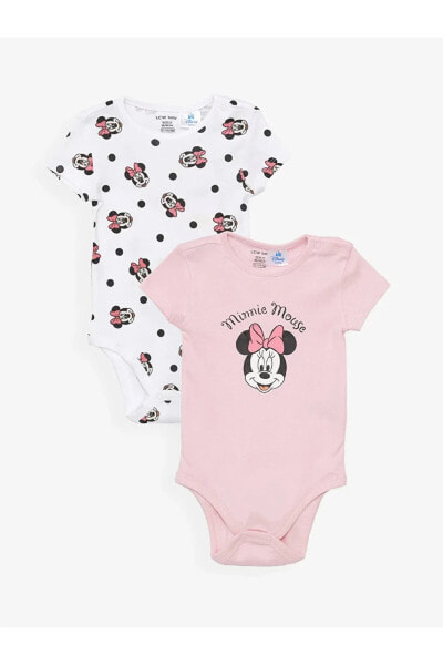 LCW baby Bisiklet Yaka Kısa Kollu Minnie Mouse Baskılı Kız Bebek Çıtçıtlı Body 2'li