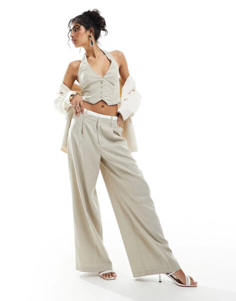 Bershka boxer waisted wide leg tailored trousers in light beige