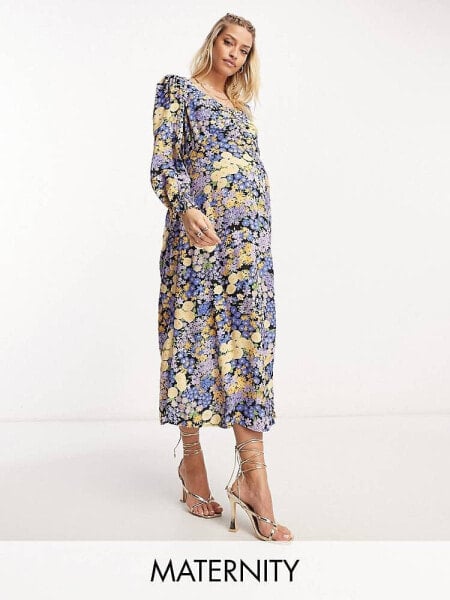 Nobody's Child Maternity Rosie long sleeve midi dress in blue floral
