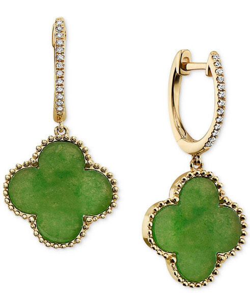 EFFY® Dyed Jade & Diamond (1/20 ct. t.w.) Beaded Clover Dangle Hoop Drop Earrings in 14k Gold