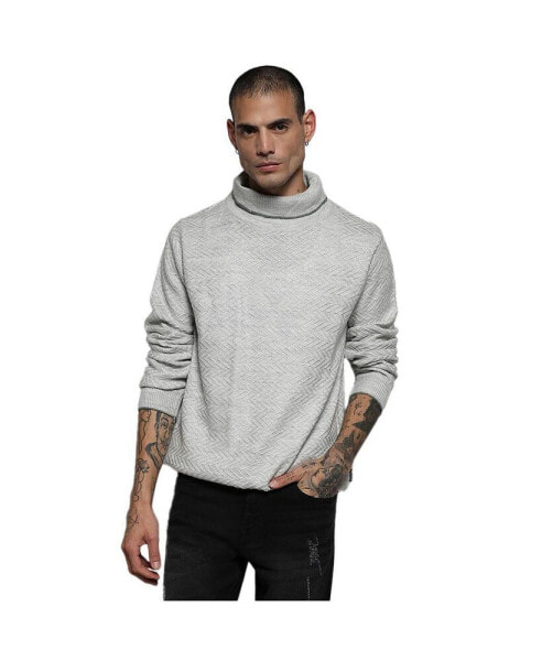 Men's Light Grey Herringbone Textured Pullover Sweater