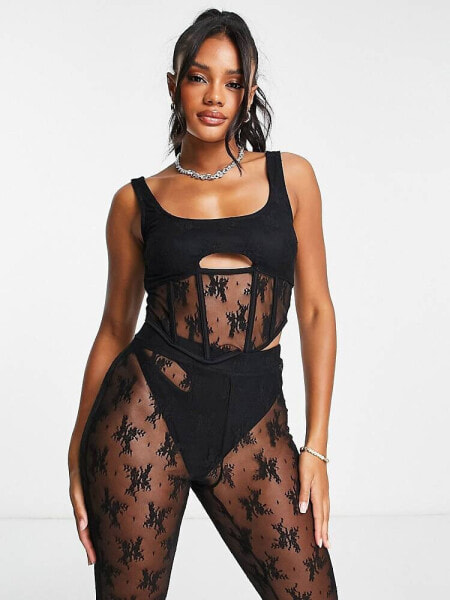 Simmi floral lace insert corset top co-ord in black