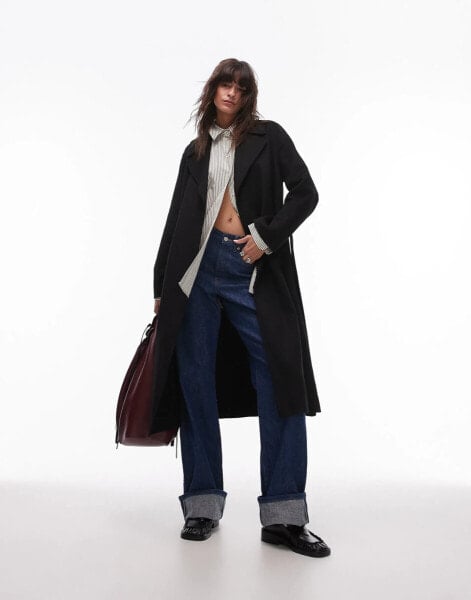 Mango tie waist wool coat in black