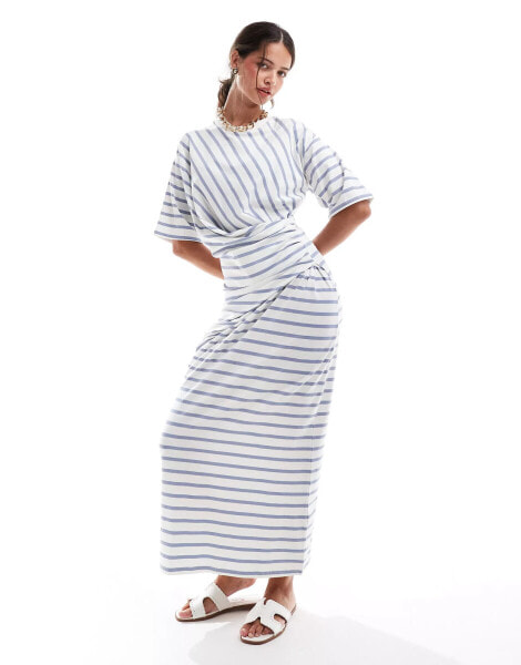 ASOS DESIGN short sleeve with twist detail midi dress in blue stripe