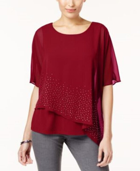 JM Collection Women's Embellished Chiffon Blouse New Red Amore L