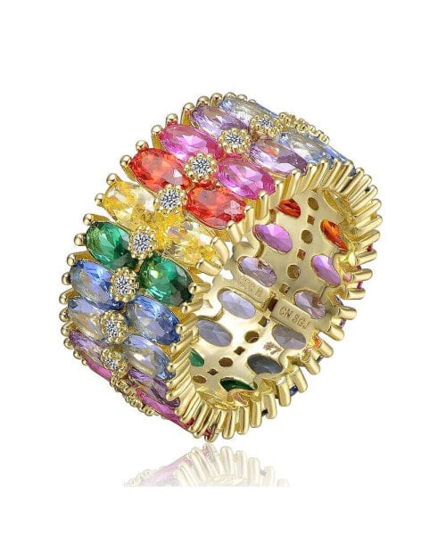 Sterling Silver 14k Gold Plated Rainbow Cubic Zirconia Cluster Ring