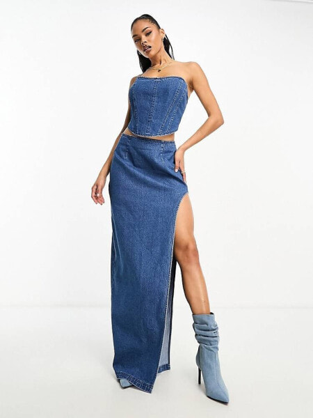 AFRM nadia co-ord denim maxi skirt in midwash blue with high rise slit