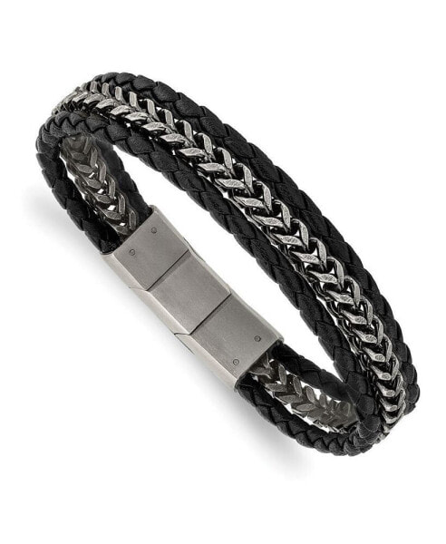 Stainless Steel Brushed Chain Black Leather Bracelet