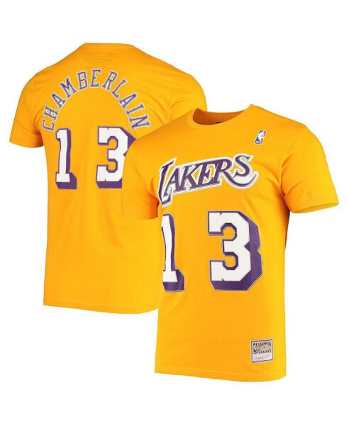 Men's Wilt Chamberlain Gold Los Angeles Lakers Hardwood Classics Stitch Name and Number T-shirt