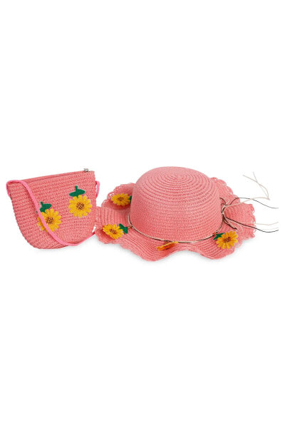 Kız Çocuk Çantalı Hasır Şapka Set 6-9 Yaş Pembe