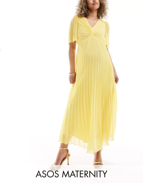 ASOS DESIGN Maternity pleated bodice flutter sleeve pleat midi dress in yellow