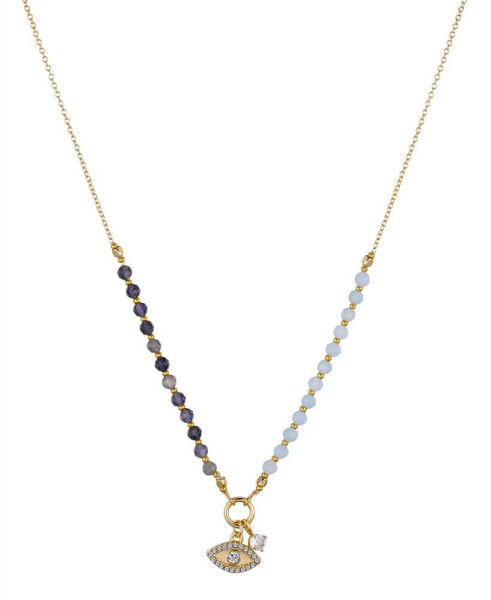 14k Gold Plated Cubic Zirconia and Crystal Evil Eye on a Lolite and Aquamarine Beaded Chain Necklace