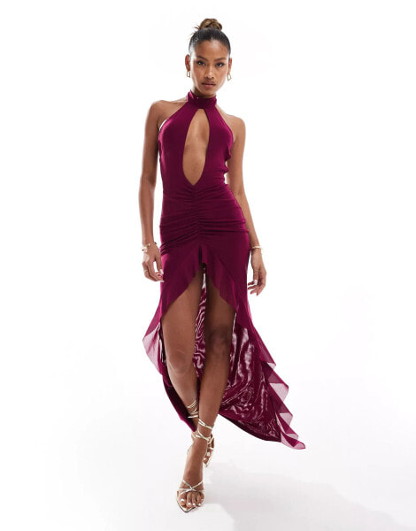 Murci mesh keyhole plunge halterneck maxi dress in purple