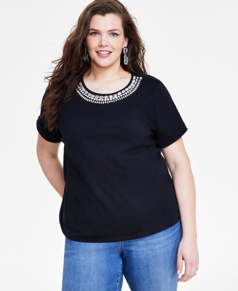 Plus Size Cotton Embellished Tee, Created for Macy's