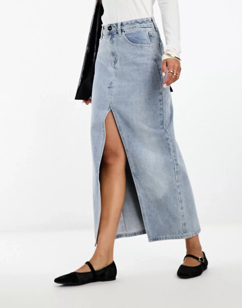 SNDYS front spilt denim maxi skirt in blue