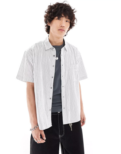 Obey yarn dye short sleeve stripe shirt in blue