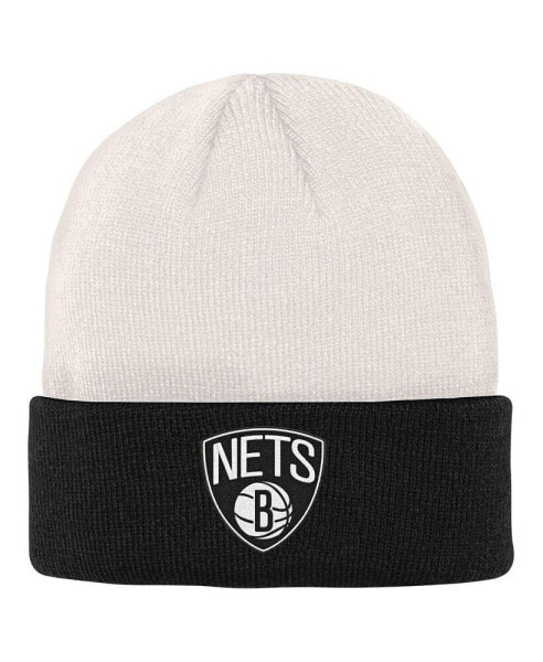 Big Boys and Girls Cream, Black Brooklyn Nets Bone Crown Cuffed Knit Hat