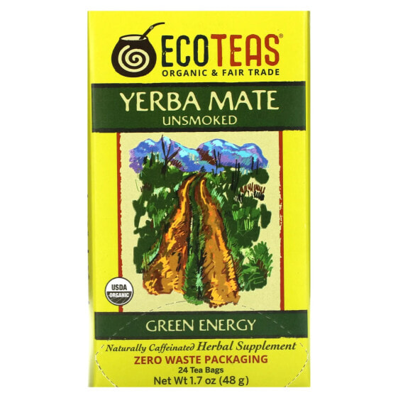 EcoTeas, Yerba Mate, некопченный, зеленая энергия, 24 чайных пакетика, 48 г (1,7 унции)