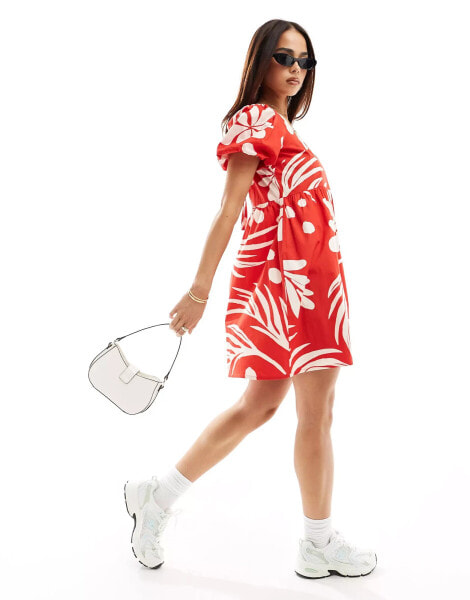 Wednesday's Girl tropical floral print puff sleeve mini smock dress in red