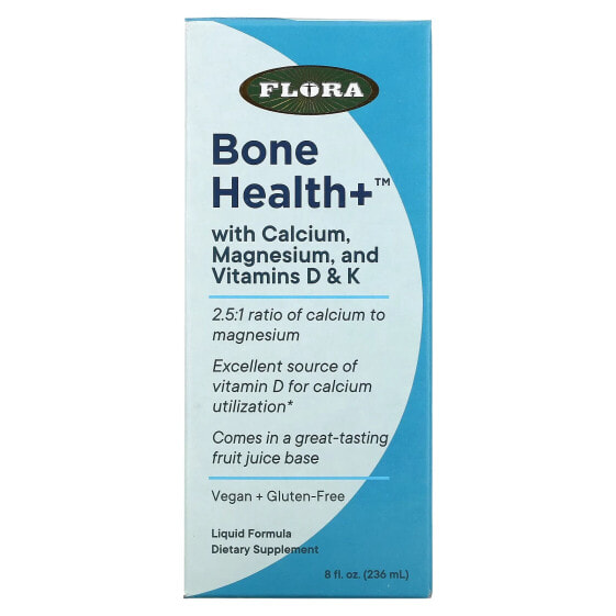 Минеральное пищевая добавка для здоровья костей Flora Bone Health+ с кальцием, магнием, витаминами D и К, жидкость 236 мл.