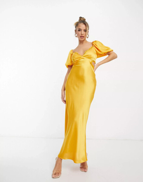 ASOS Design – Midaxikleid aus goldfarbenem Satin im Milchmädchenstil mit Riemchen am Rücken und Spitzenrand