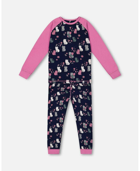 Big Girls Organic Cotton Two Piece Pajama Set Navy Printed Cats