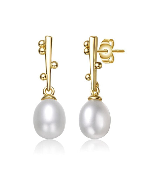 Sterling Silver 14k Yellow Gold Plated with White Freshwater Pearl Linear Stick Earrings