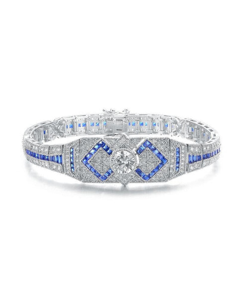 White gold Plated Clear Round and Blue Baguette Cubic Zirconia Link Bracelet