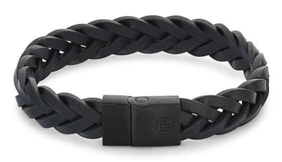 Black leather bracelet Braided Black Black RR-M0026-B