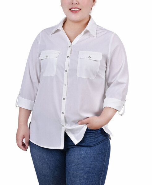 Plus Size 3/4 Roll Tab Blouse with Pockets