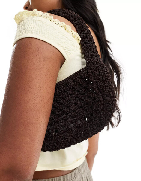 Mango mini shoulder crochet bag in dark brown