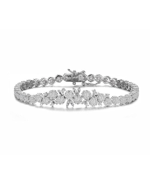 Sterling Silver with Rhodium Plated Clear Round Cubic Zirconia Flower Design Tennis Bracelet