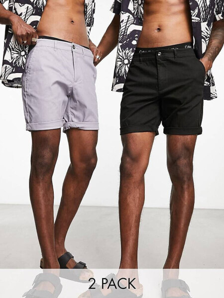 ASOS DESIGN 2 pack slim chino shorts in regular length with rolled hem in grey and black save 