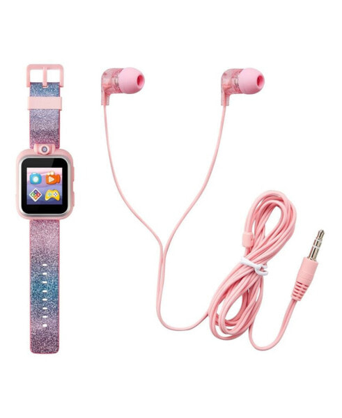 Kid's Pink Blue Gradient Glitter Silicone Strap Touchscreen Smart Watch 42mm with Earbuds Gift Set