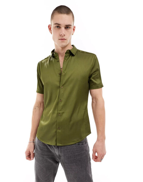 ASOS DESIGN skinny satin shirt with roll sleeve in khaki green