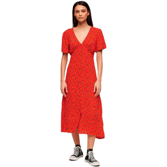 SUPERDRY Print Button Tea Short Sleeve Midi Dress