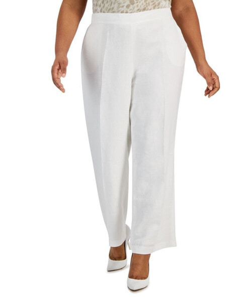 Plus Size Mid Rise Linen-Blend Straight-Leg Pull-On Pants