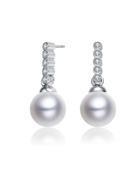 Sterling Silver with White Gold Plated White Round Pearl with Clear Round Cubic Zirconia Drop Earrings