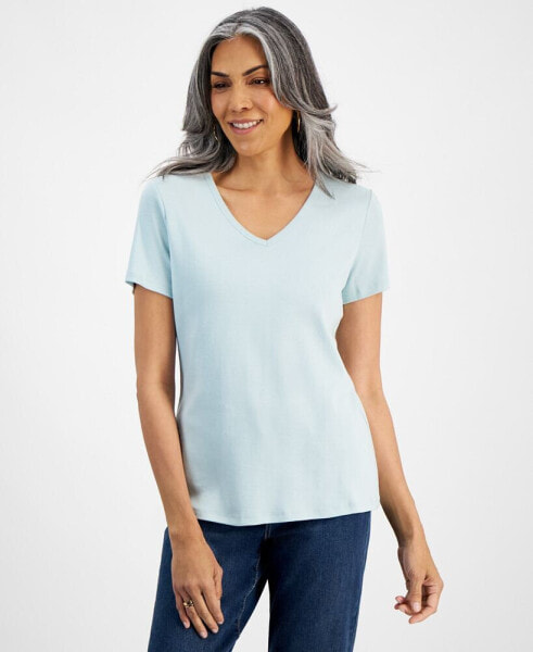 Women's Short Sleeve V-Neck Cotton Top, Created for Macy's