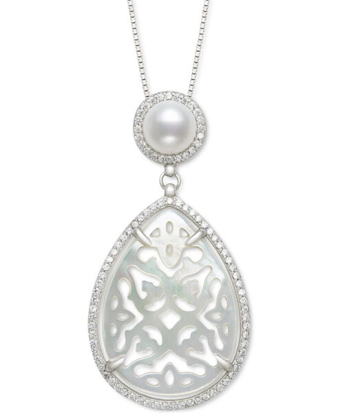 Cultured Freshwater Pearl (6mm), Carved Mother-of-Pearl, & Cubic Zirconia 18" Pendant Necklace in Sterling Silver