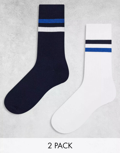 ASOS DESIGN 2 pack coloured stripe socks in navy