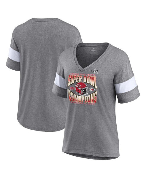 Women's Heather Gray Kansas City Chiefs Super Bowl LVIII Champions Own the Moment Tri-Blend V-Neck T-shirt