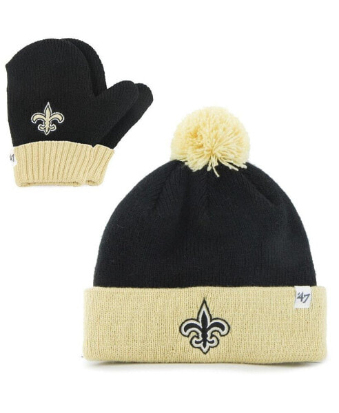 Infant Unisex '47 Black, Gold New Orleans Saints Bam Bam Cuffed Knit Hat with Pom and Mittens Set