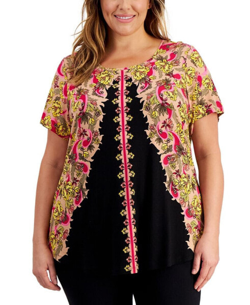 Plus Size Oaklyn Ornate Print Short-Sleeve Top, Created for Macy's