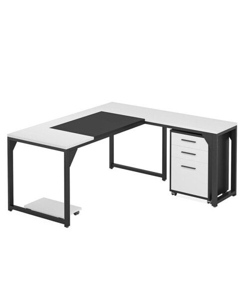 62.99" L-Shaped Computer Desk with Mobile File Cabinet, Large Executive Office Desk with 3-Drawer Vertical Filing Cabinet, Business Furniture Sets for Home Office