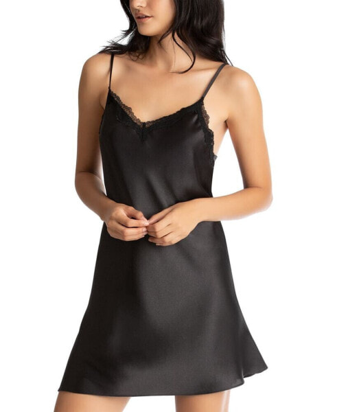 Lace-Trim Solid Satin Chemise Nightgown